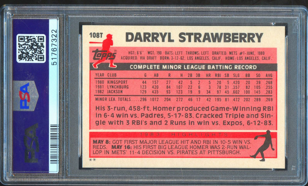 Darryl Strawberry 1983 Topps Traded Auto Autograph Rookie NY Mets PSA 9 Auto 10
