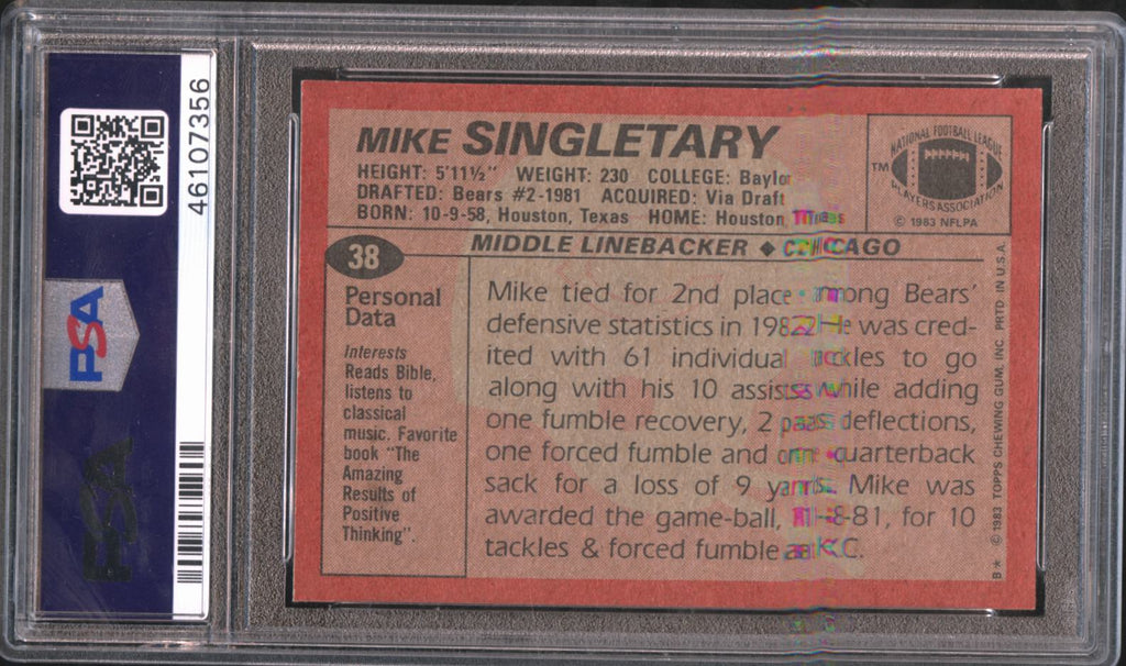 Mike Singletary 1983 Topps Auto Autograph Rookie RC Chicago Bears PSA 9 Auto 10
