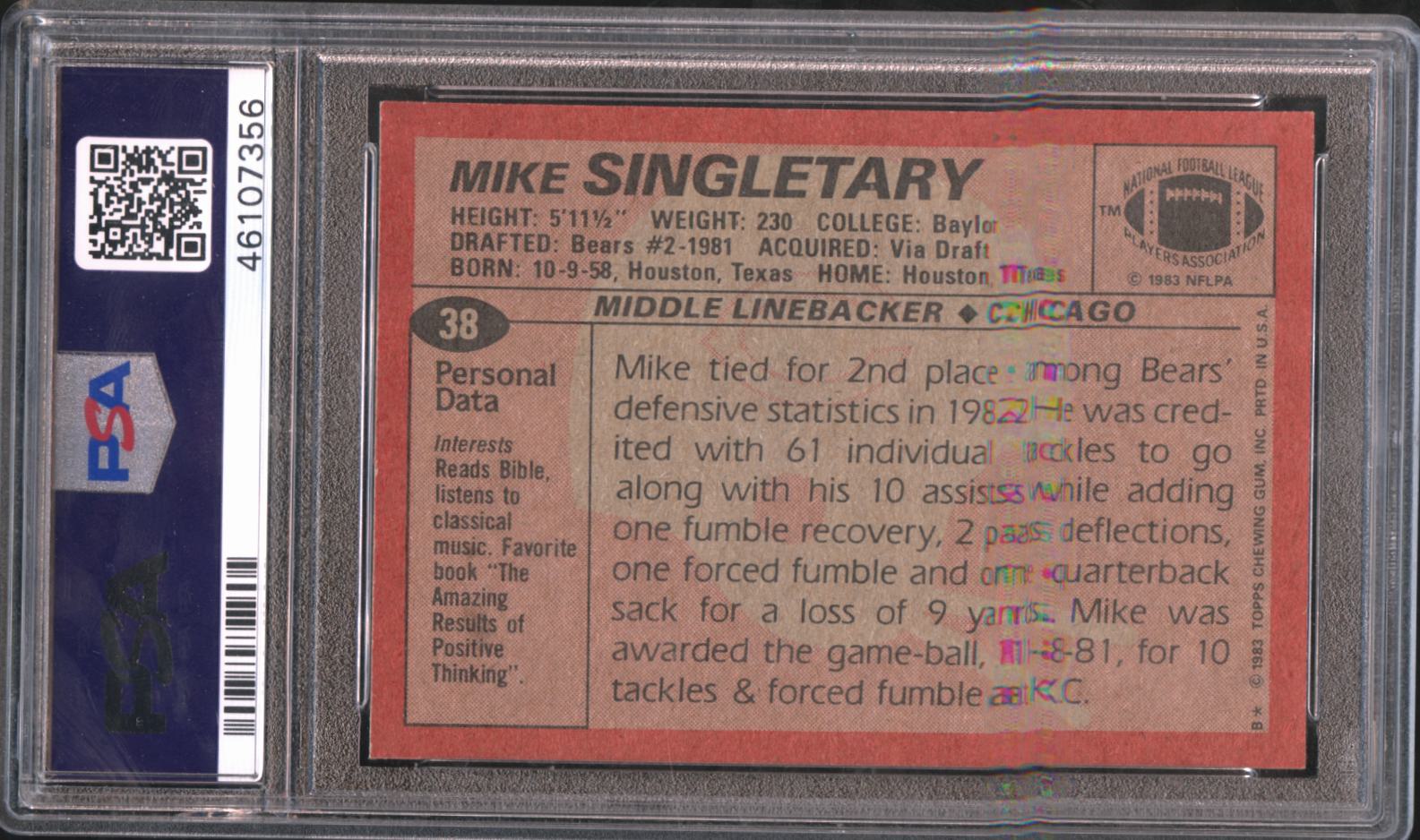 Mike Singletary 1983 Topps Auto Autograph Rookie RC Chicago Bears PSA 9 Auto 10