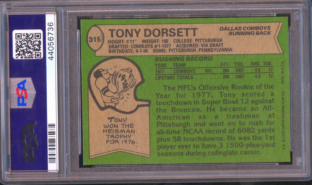 Tony Dorsett 1978 Topps Auto Autograph Rookie Dallas Cowboys #315 PSA 8 Auto 10