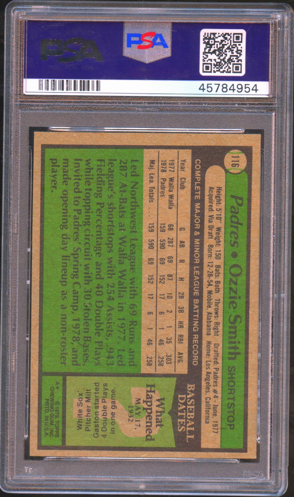 Ozzie Smith 1979 Topps Inscription Auto Autograph RC Padres #116 PSA 7 Auto 10