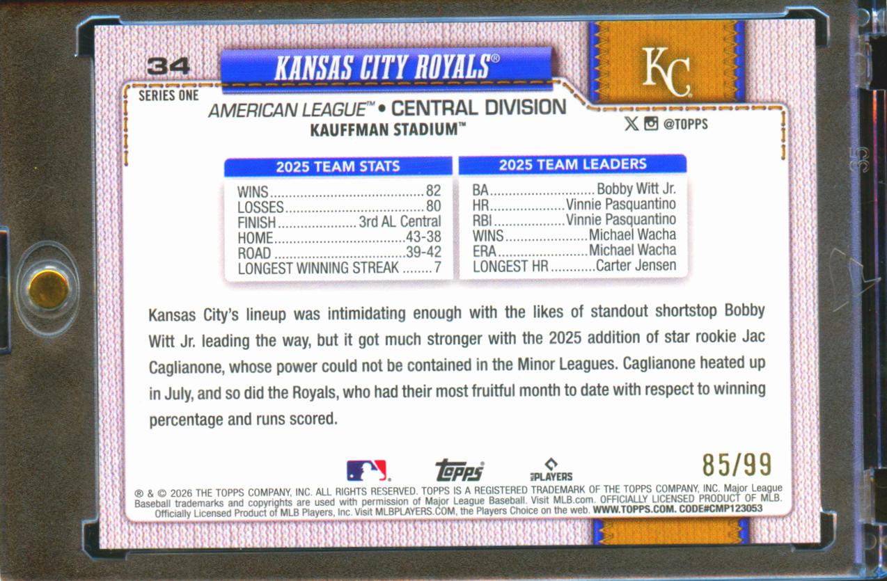 Kansas City Royals 2026 Topps Series One Pink Cherry Blossom Team Card 85/99 #34
