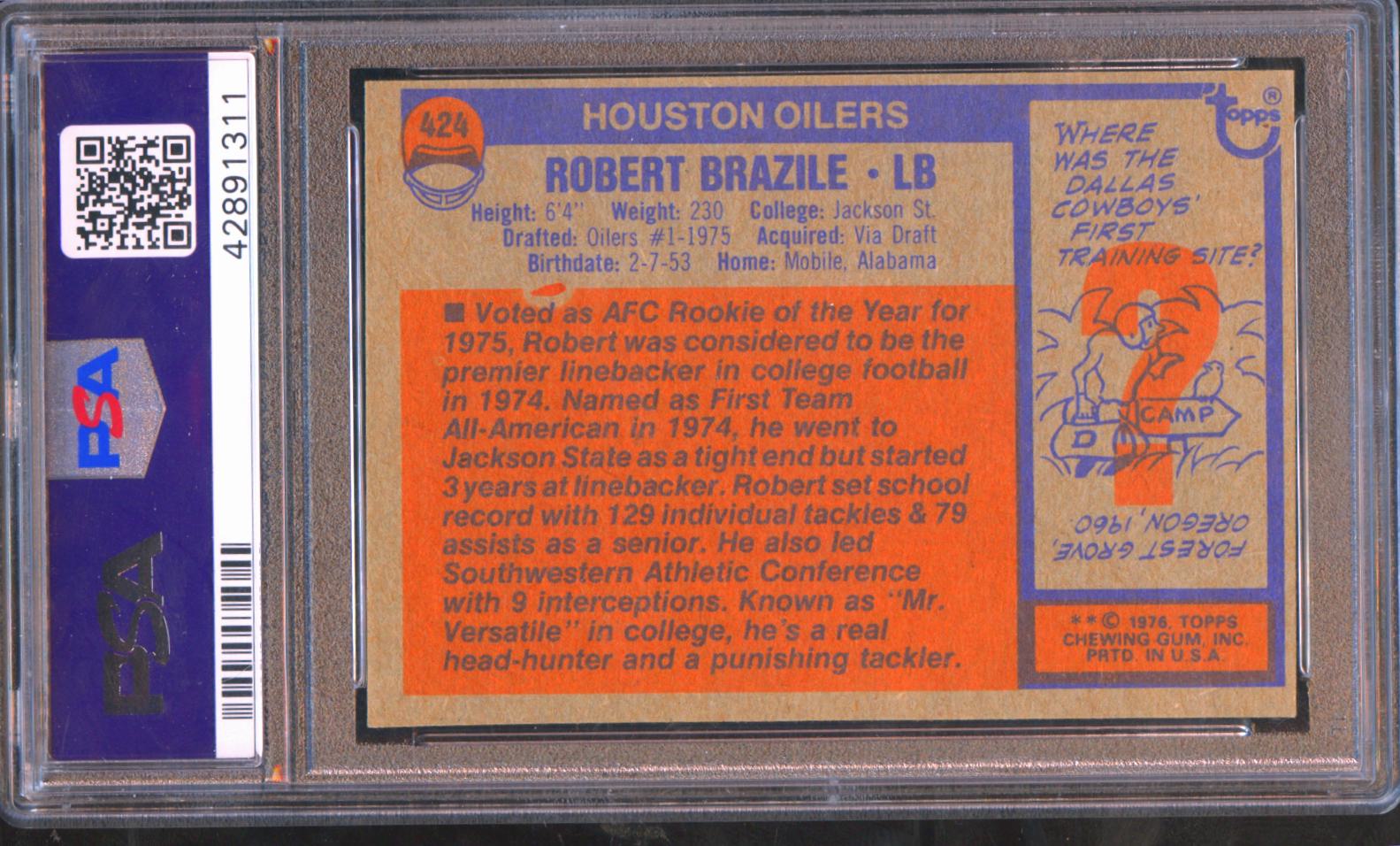 Robert Brazile 1976 Topps Auto Autograph Rookie RC Houston Oilers PSA 8 Auto 10