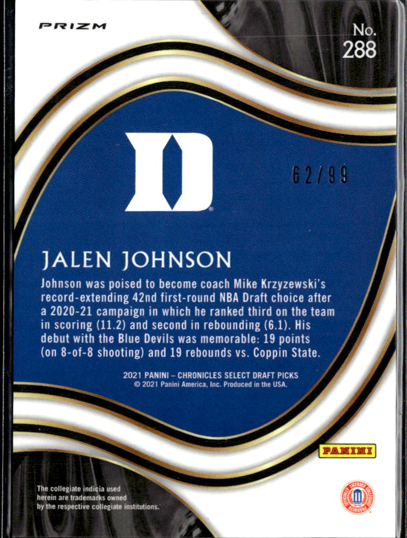 Jalen Johnson 2021 Select Blue Prizm Rookie RC 62/99 Duke Blue Devils