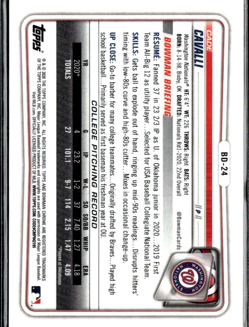 Cade Cavalli 2020 Bowman Chrome 1st GOLD Refractor RC 32/50 Washington Nationals