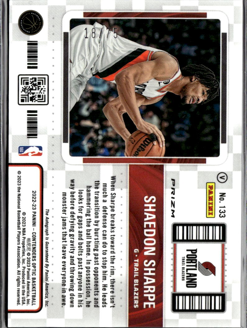 Shaedon Sharpe 2022-23 Contenders Optic Auto Autograph RC 18/75 Trail Blazers