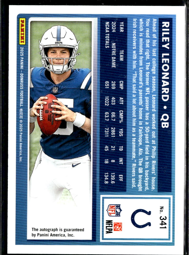 Riley Leonard 2024 Donruss Auto Autograph Rated Rookie Green RC Colts
