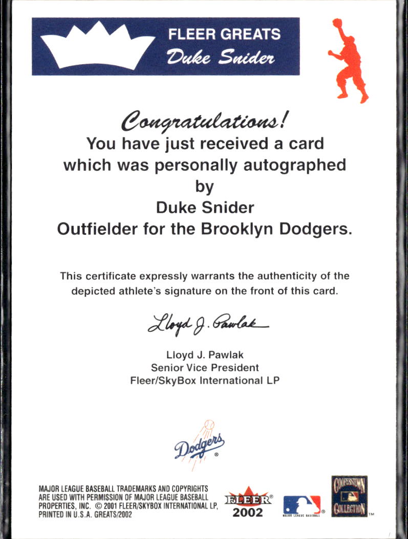 Duke Snider 2001 Fleer Greats Authentic Autograph Auto Brooklyn Dodgers