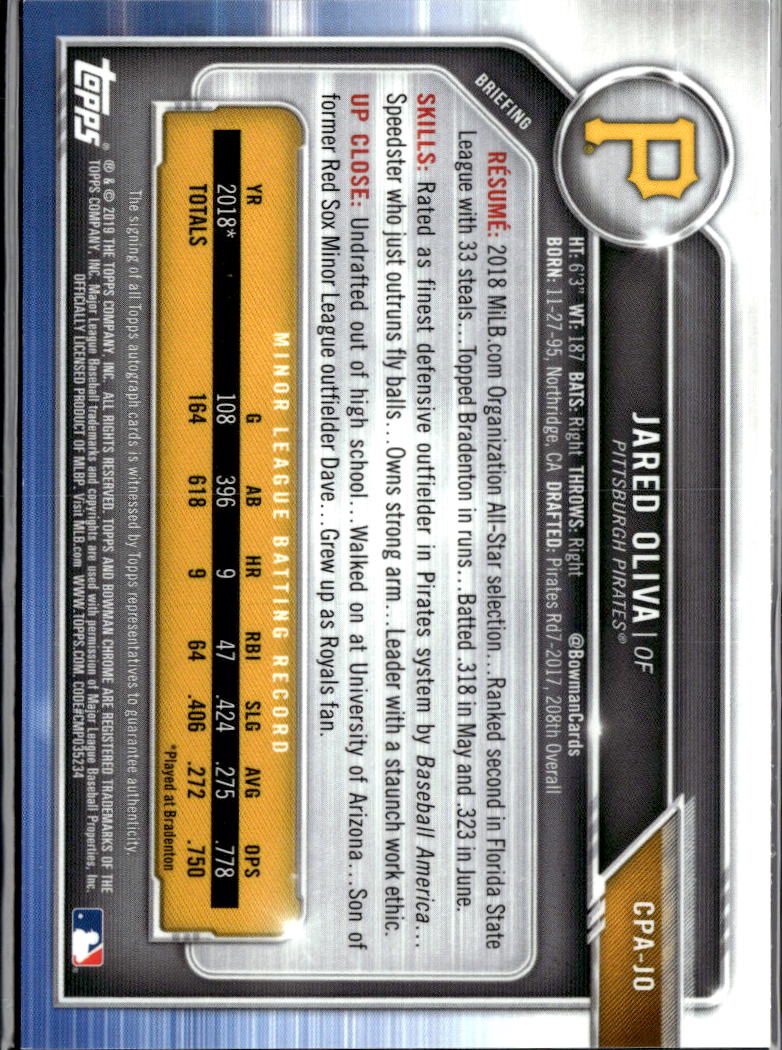 Jared Oliva 2019 Bowman Chrome 1st Auto Autograph RED RC 4/5 Pittsburgh Pirates