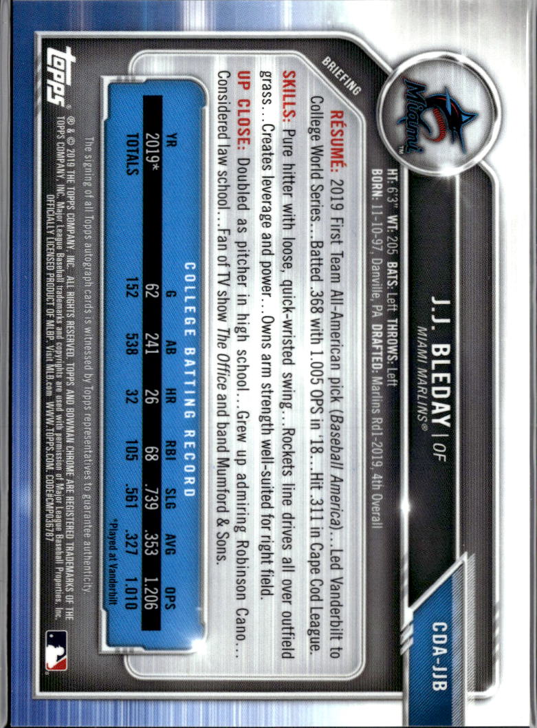 J.J. Bleday 2019 Bowman Chrome 1st Auto Autograph Black RC 56/75 Miami Marlins