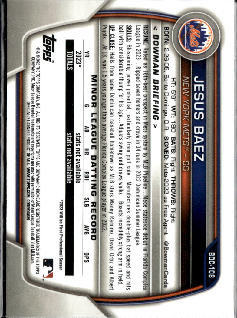 Jesus Baez 2023 Bowman Chrome Orange Refractor 11/25 New York Mets