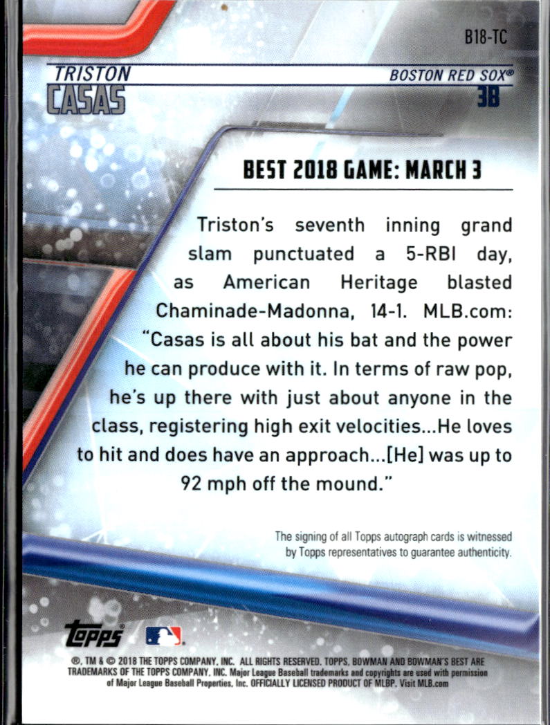 Triston Casas 2018 Bowman's Best Auto Autograph Green 71/99 Boston Red Sox