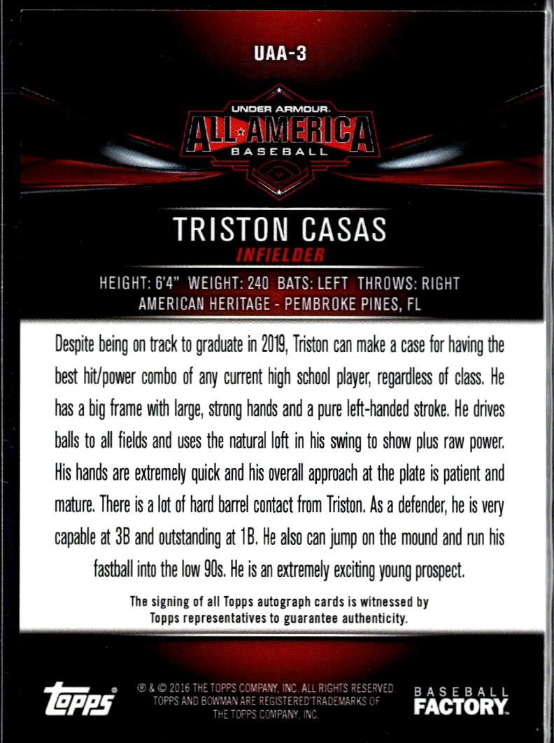 Triston Casas 2016 Bowman Under Armour All-America Auto Autograph RC 155/199