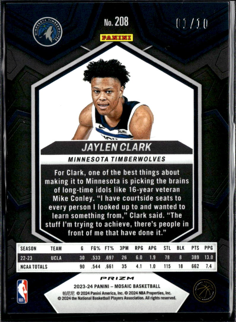 Jaylen Clark 3-24 Mosaic GOLD Disco Prizm Rookie RC 1/10 Minnesota Timberwolves