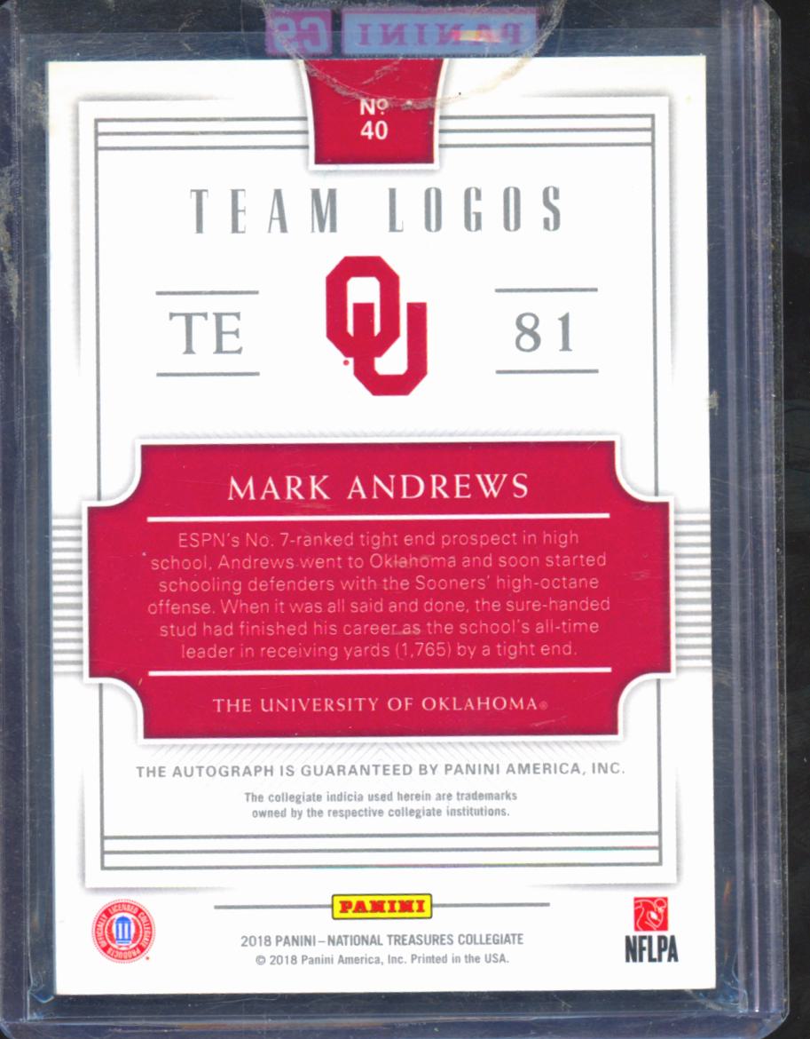 Mark Andrews 2018 National Treasures Team Logos Auto Autograph RC 13/25 Sooners