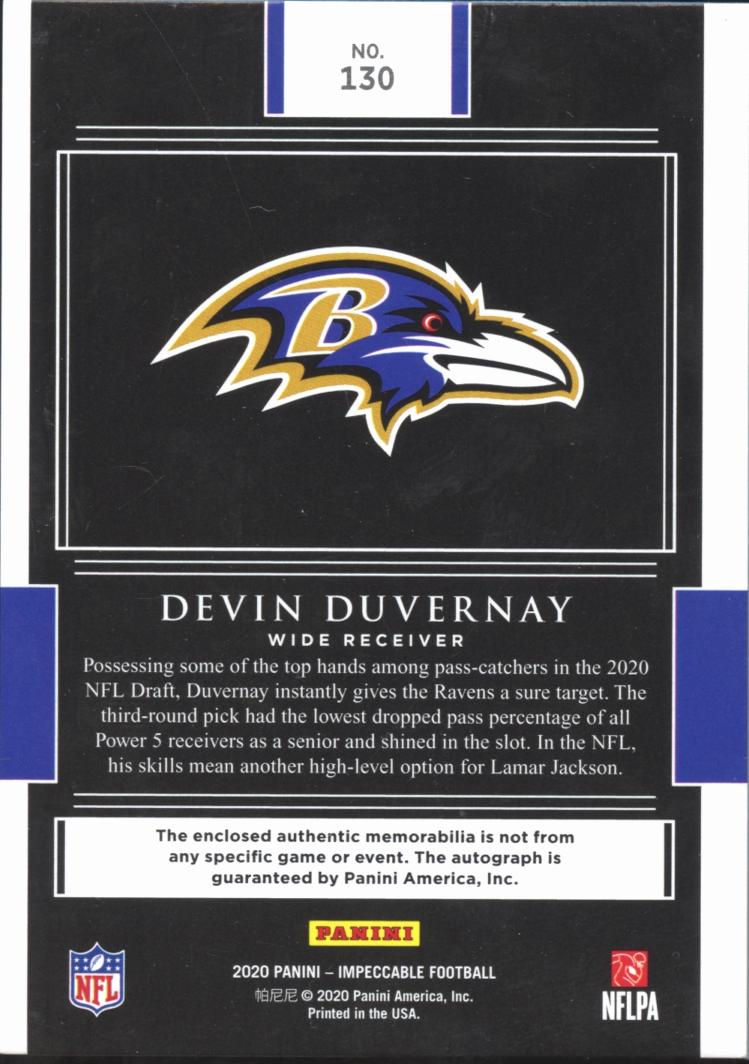 Devin Duvernay 2020 Impeccable Auto Autograph Helmet RC Patch 5/15 Ravens