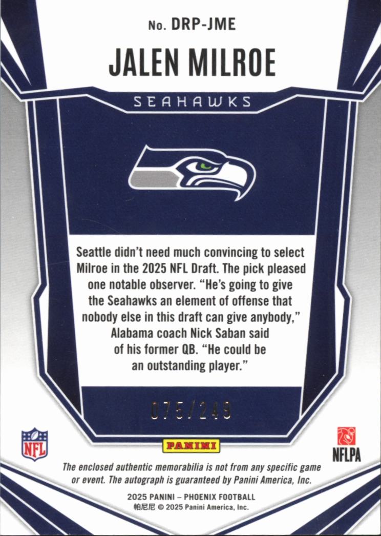 Jalen Milroe 2025 Phoenix Auto Autograph Patch RC 75/249 Seattle Seahawks