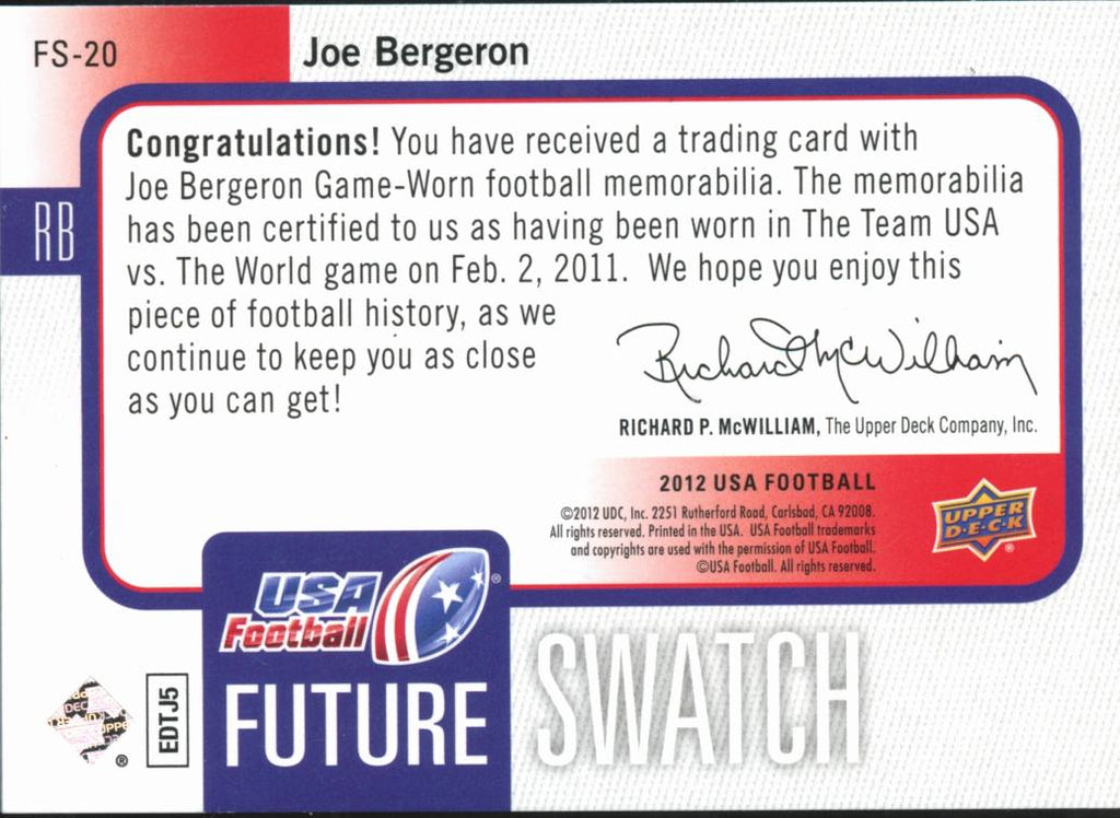 Joe Bergeron 2012 Upper Deck USA Game Worn 3 Color Patch Texas Longhorns