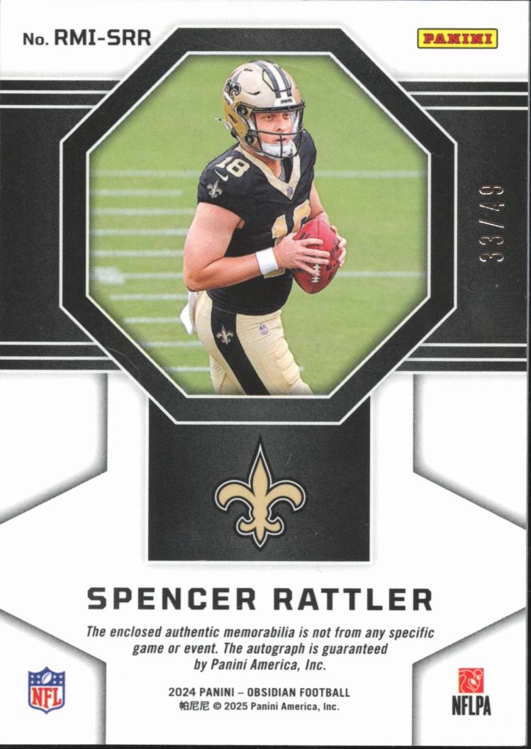 Spencer Rattler 2024 Obsidian Auto Autograph Patch RC 33/49 New Orleans Saints