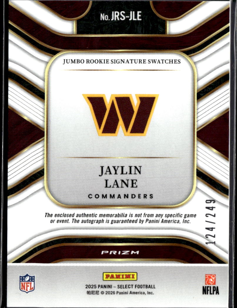 Jaylin Lane 2025 Select Auto Autograph Patch RC 124/249 Washington Commanders