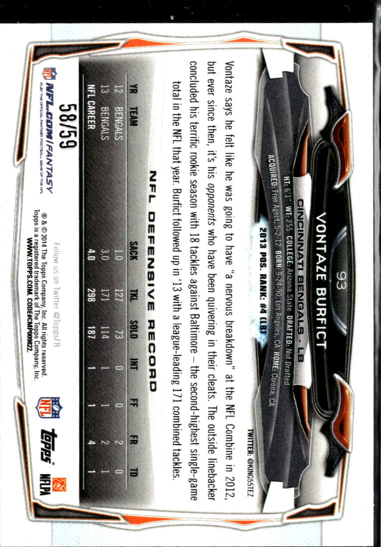 Vontaze Burfict 2014 Topps BLACK Parallel 58/59 Cincinnati Bengals
