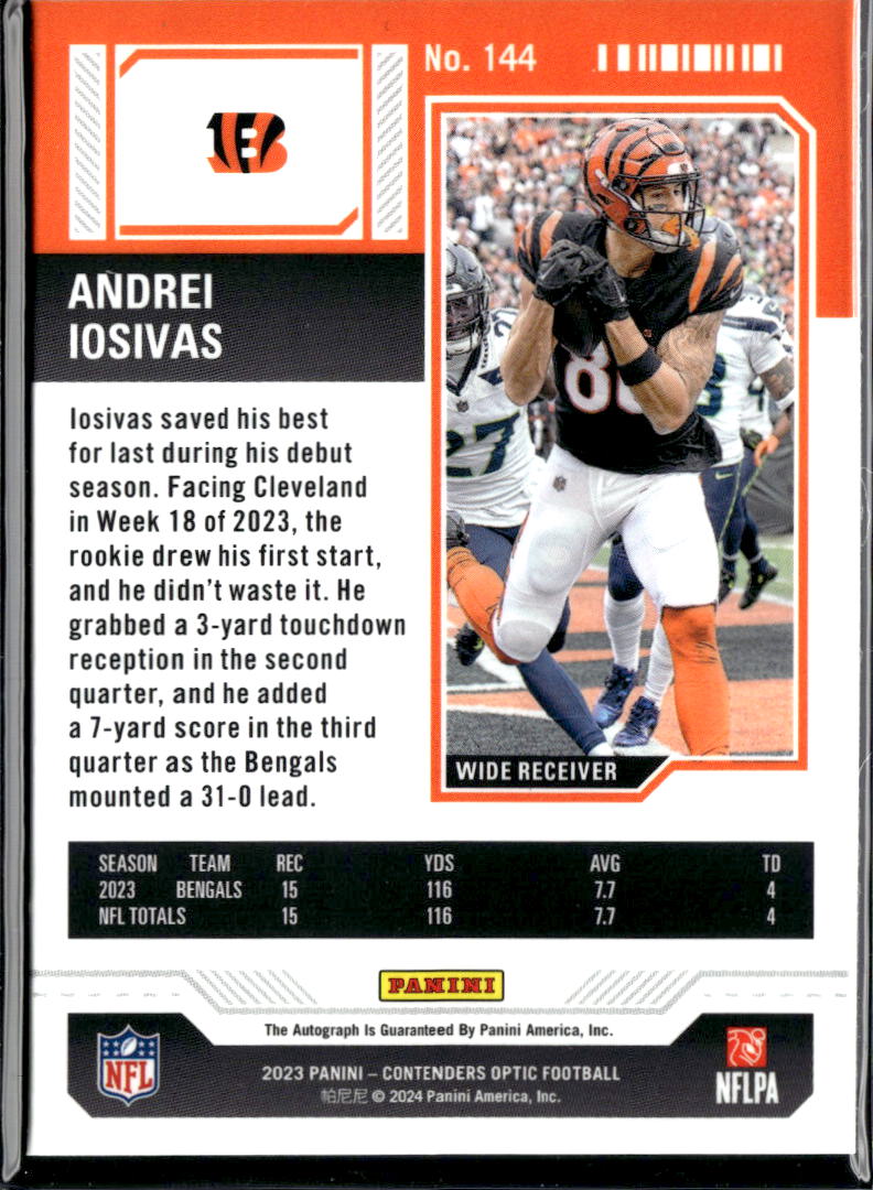 Andrei Iosivas 2024 Contenders Optic Auto Autograph RC Cincinnati Bengals