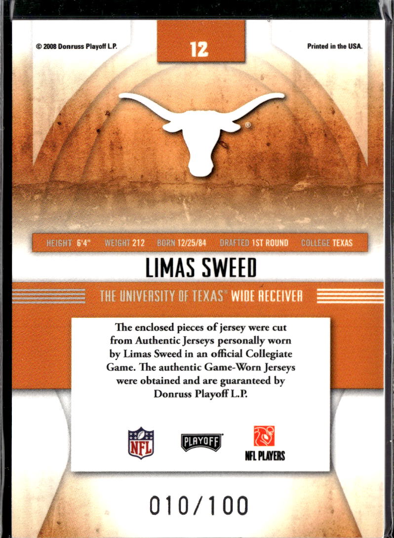 Limas Sweed 2008 Playoff Absolute Game Worn Jersey Patch 10/100 Texas Longhorns