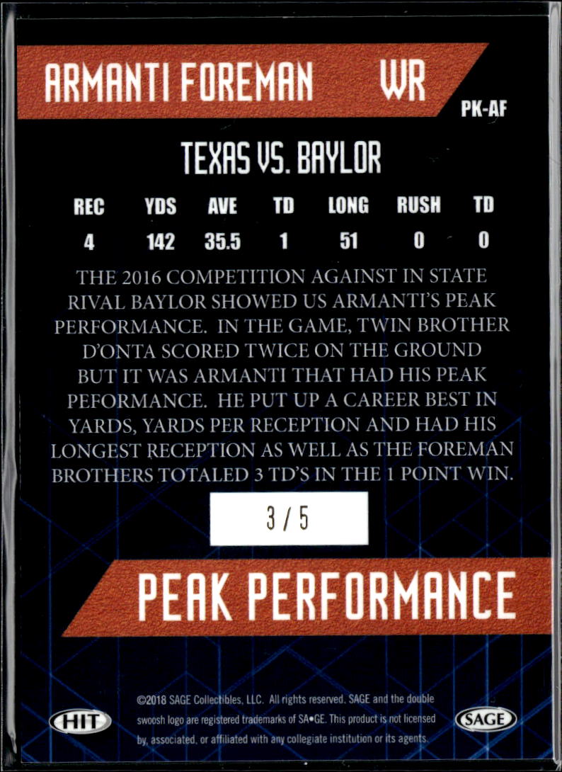 Armanti Foreman 2018 SAGE Hit Peak Performance GOLD Rookie 3/5 Texas Longhorns