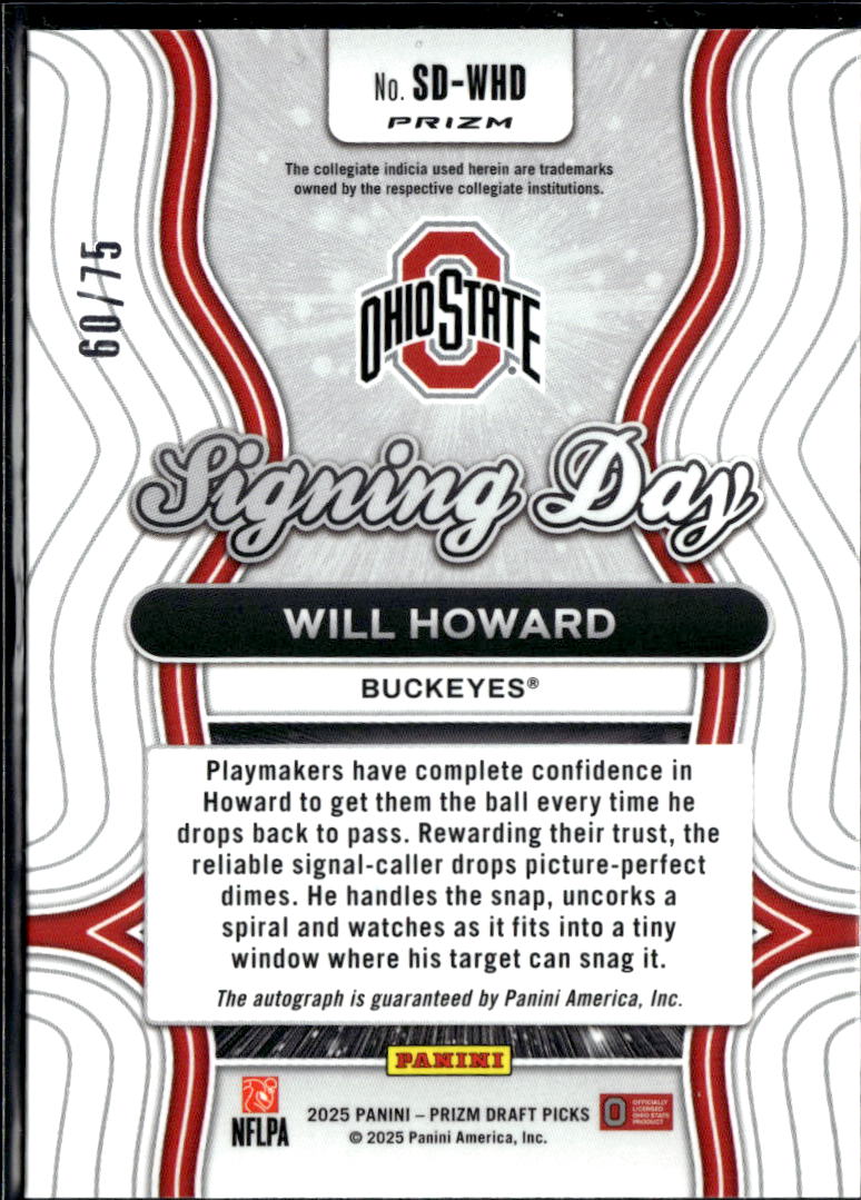 Will Howard 2025 Prizm Draft Auto Autograph Blue Ice RC 60/75 Ohio State