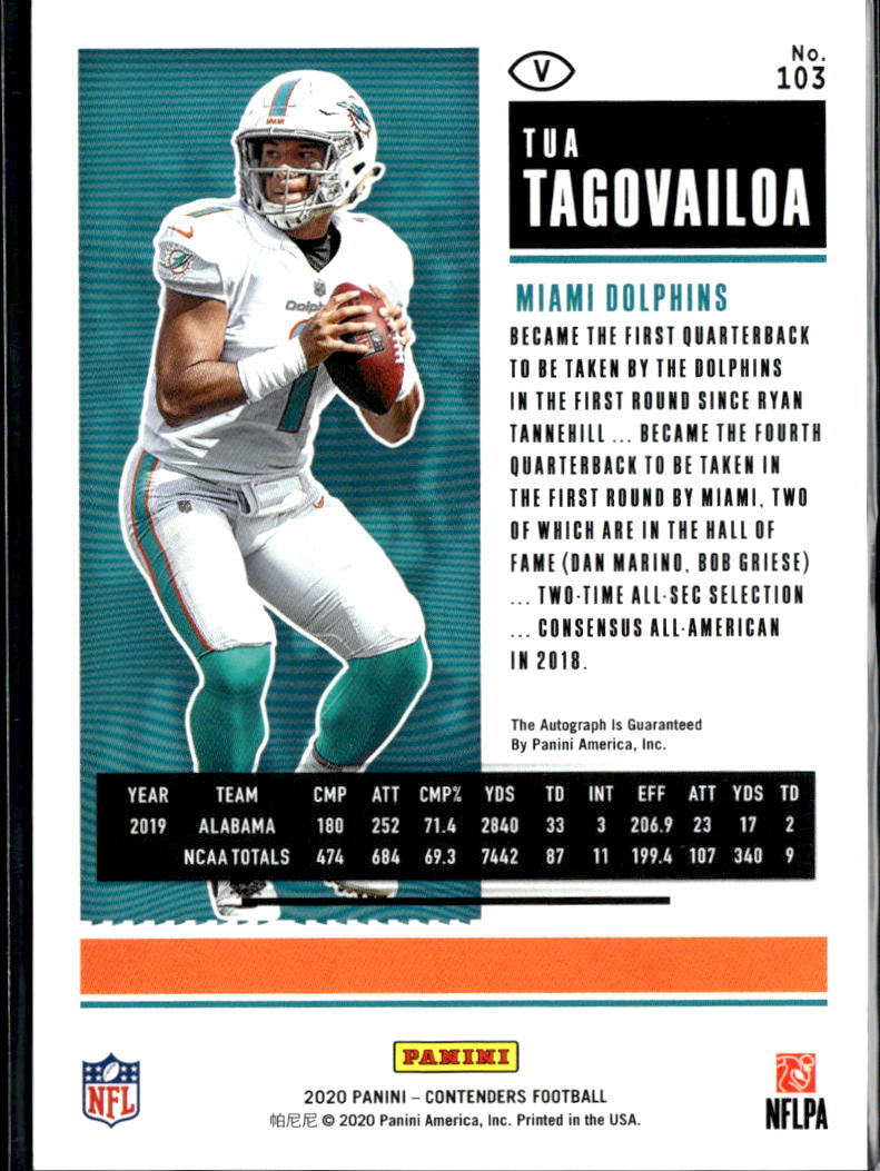 Tua Tagovailoa 2020 Contenders Championship Ticket Auto Autograph RC 15/25 Miami