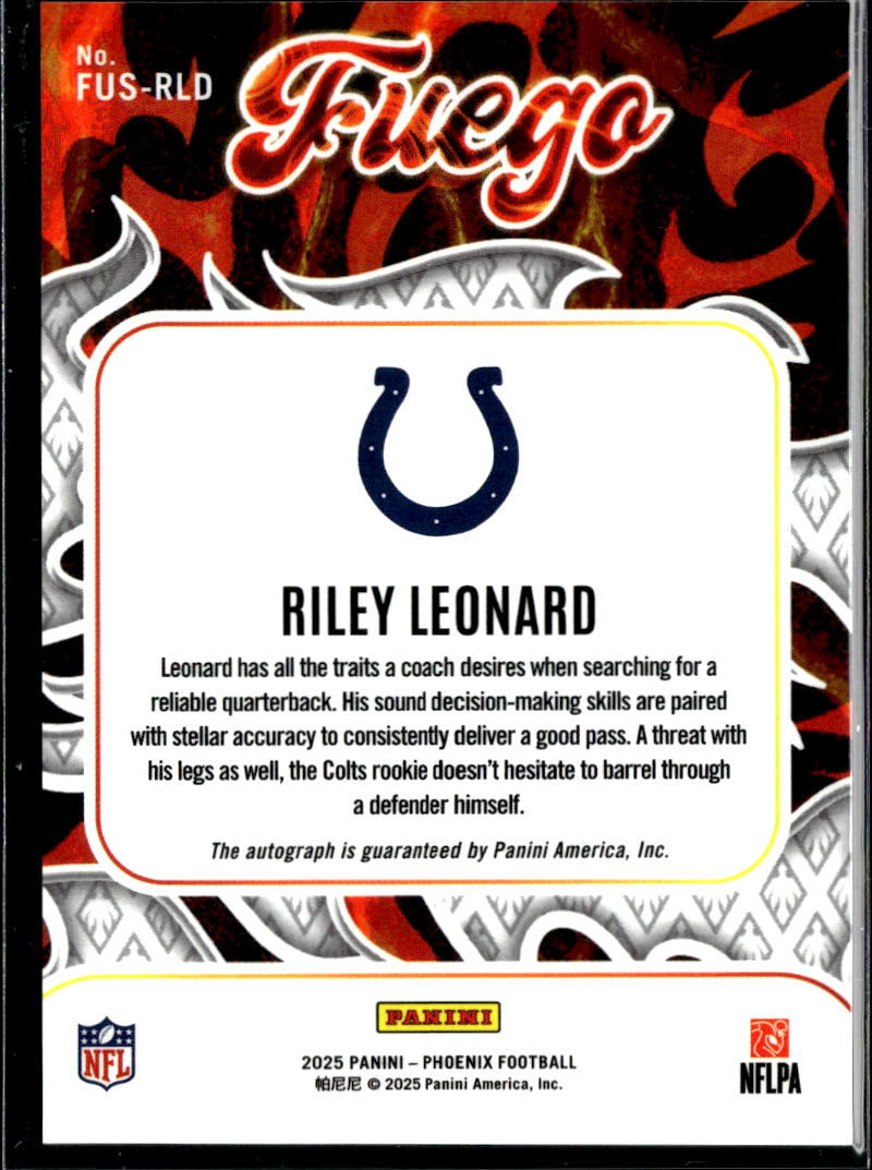 Riley Leonard 2025 Phoenix Fuego Auto Autograph Rookie RC Indianapolis Colts