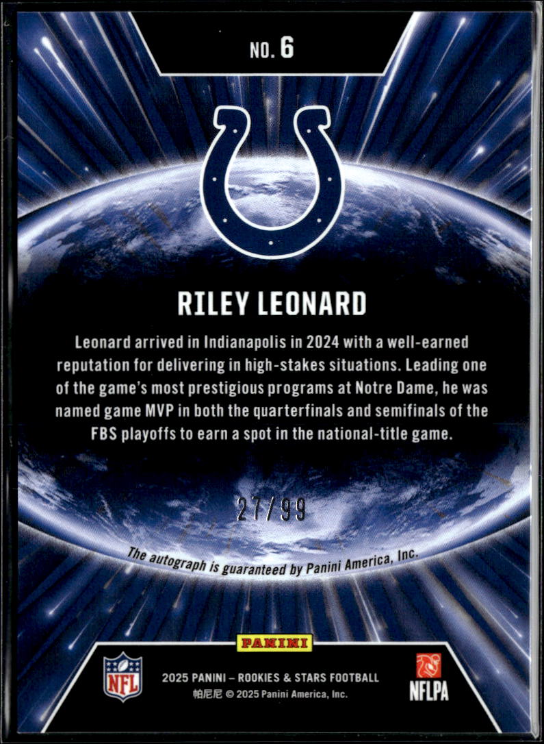 Riley Leonard 2025 Rookies & Stars Auto Autograph RC 27/99 Indianapolis Colts