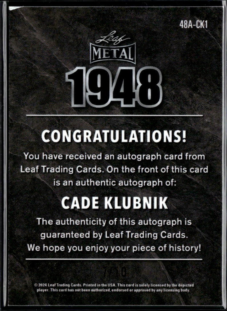Cade Klubnik 2024 Leaf Metal Auto Autograph RC 7/10 Clemson Tigers