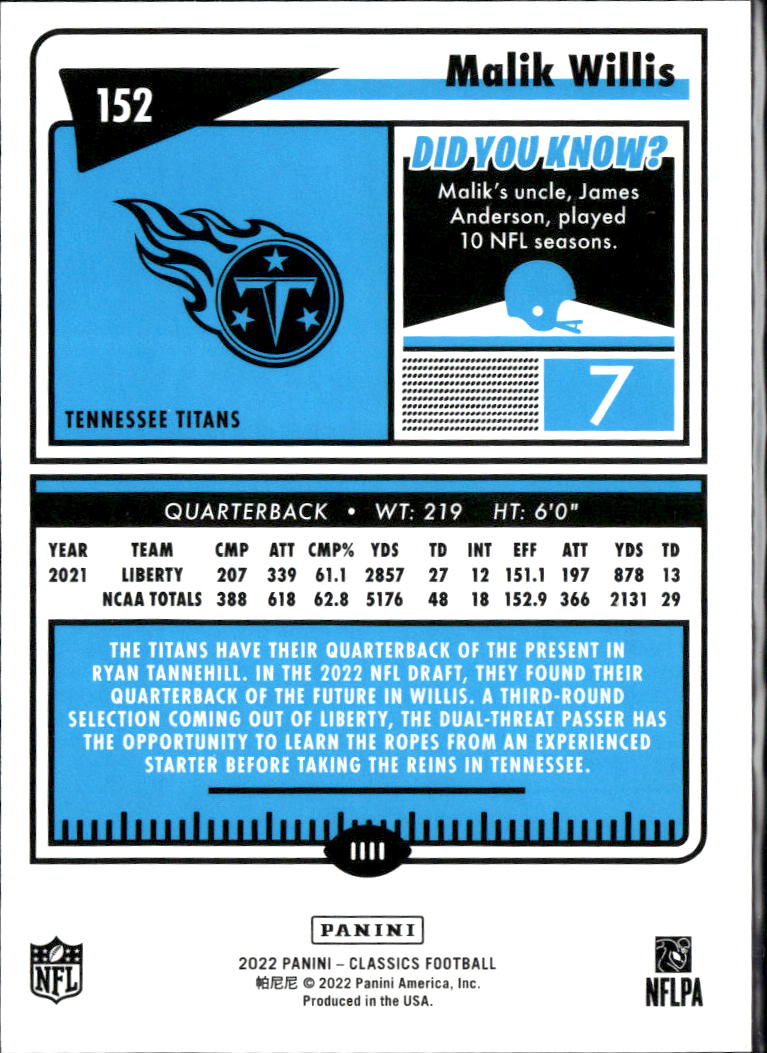 Malik Willis 2022 Classics Blue Back Rookie RC 40/75 Tennessee Titans