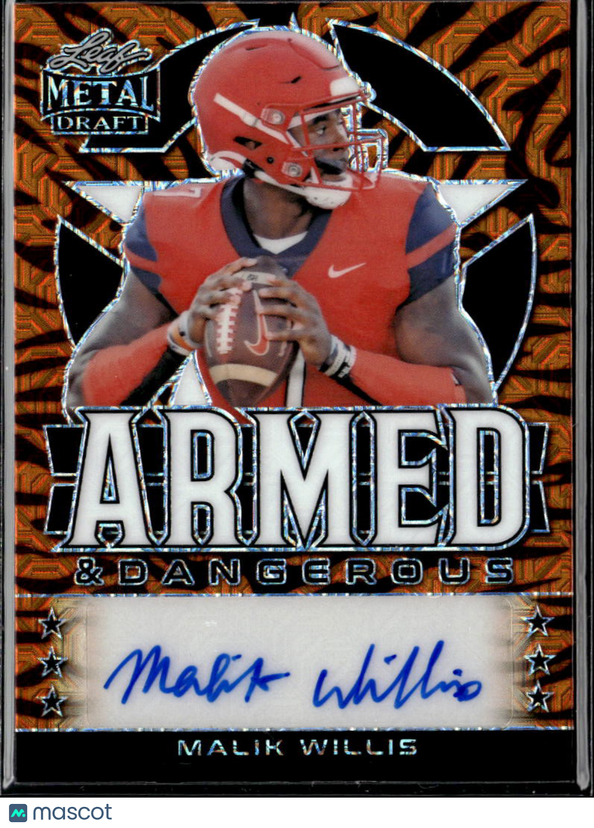 Malik Willis 2022 Leaf Metal Draft Auto Autograph RC Tiger 5/5 Liberty Dolphins