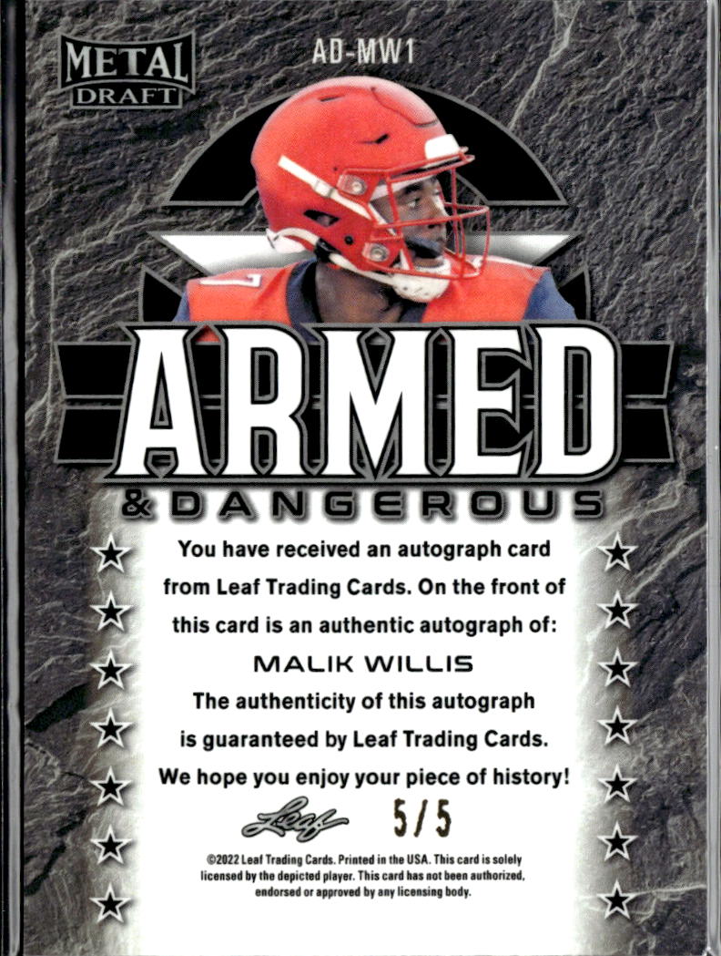 Malik Willis 2022 Leaf Metal Draft Auto Autograph RC Tiger 5/5 Liberty Dolphins