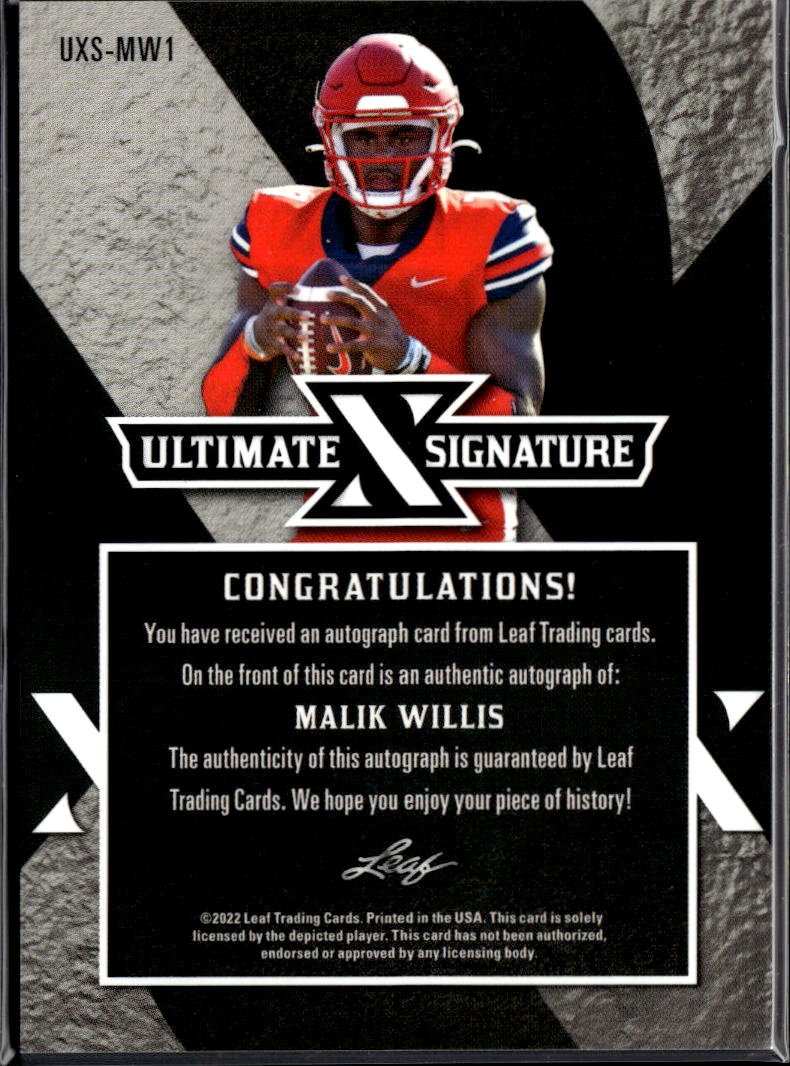 Malik Willis 2022 Leaf Ultimate Draft Auto Autograph RC 20/25 Liberty Dolphins