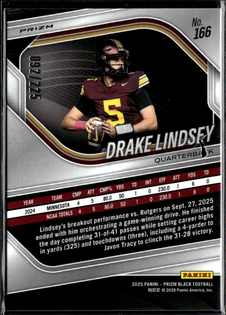 Drake Lindsey 2025 Prizm Black Pigskin Prizm RC 92/225 Minnesota Golden Gophers