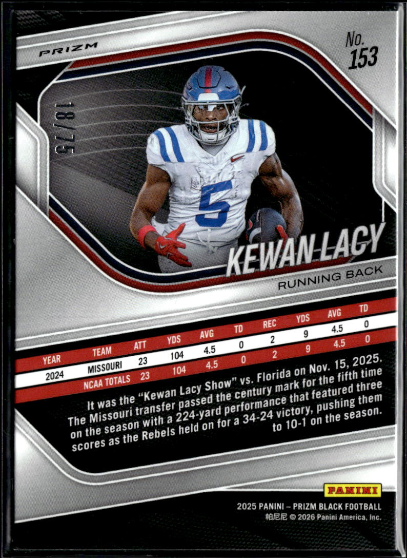 Kewan Lacy 2025 Prizm Black Red Checkerboard Prizm RC 18/75 Ole Miss