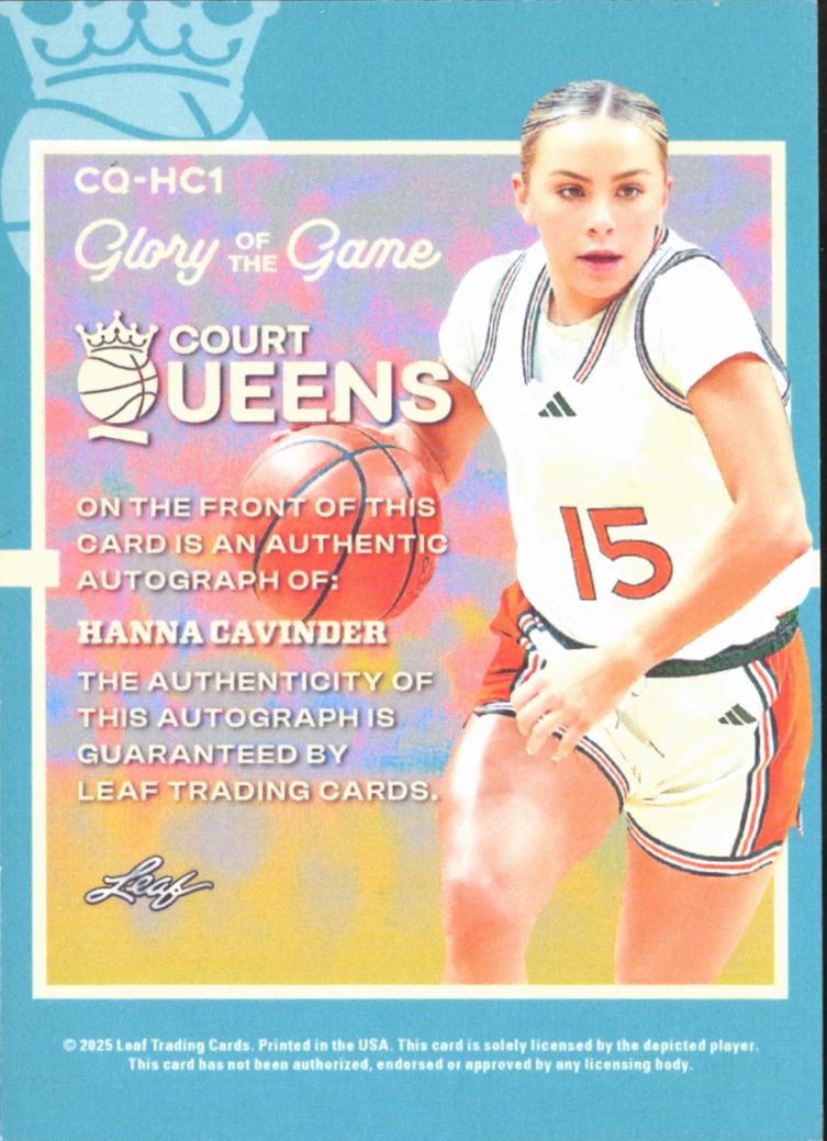 Hanna Cavinder 2025 Leaf Glory Court Queens Auto Autograph 3/5 Miami Hurricanes