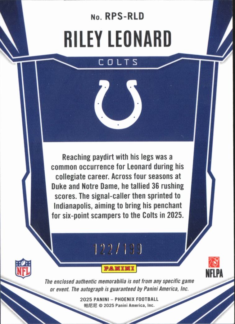 Riley Leonard 2025 Phoenix Auto Autograph Patch RC 122/199 Indianapolis Colts