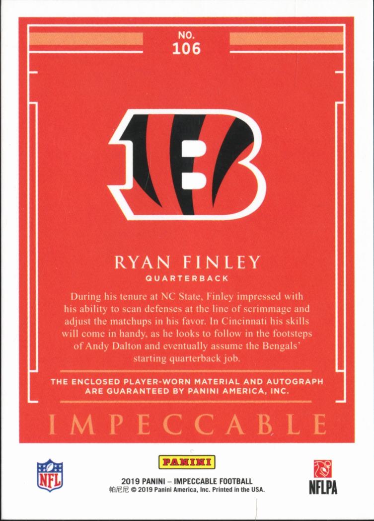 Ryan Finley 2019 Impeccable Auto Autograph Helmet RC 43/75 Cincinnati Bengals