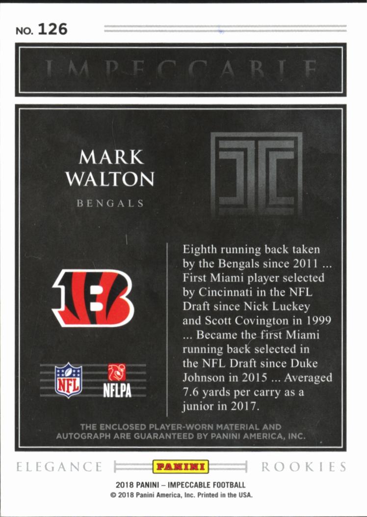 Mark Walton 2018 Impeccable Auto Autograph Helmet Patch 13/75 Cincinnati Bengals