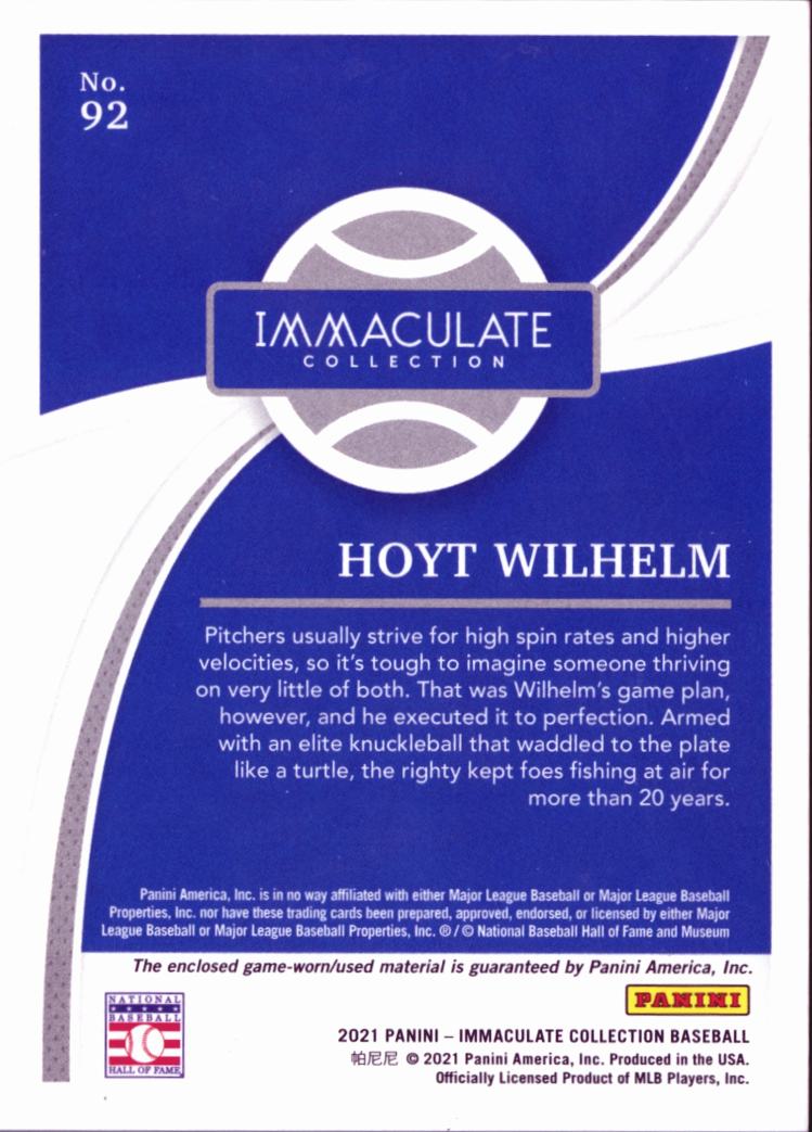 Hoyt Wilhelm 2021 Immaculate Game Worn Jersey Patch 7/8 Atlanta Braves