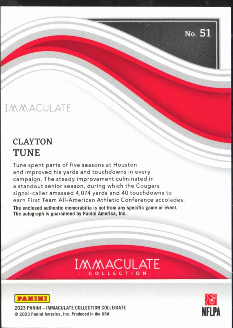 Clayton Tune 2023 Immaculate Auto Autograph Patch RC 6/65 Houston Cougars