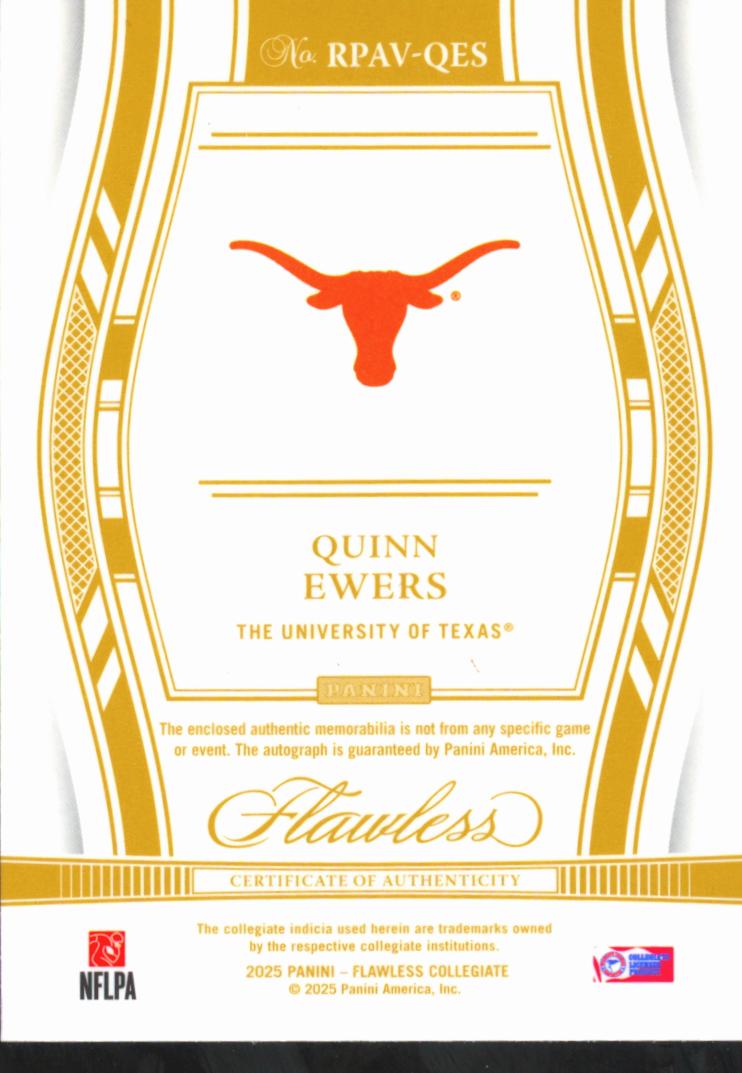 Quinn Ewers 2025 Flawless Auto Autograph Patch RC 5/25 Texas Longhorns