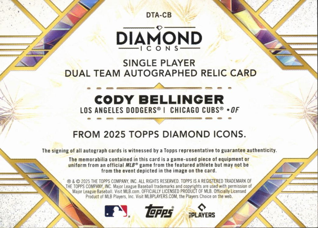 Cody Bellinger 2025 Topps Diamond Icons Auto Autograph Patch Dodgers Cubs 2/25