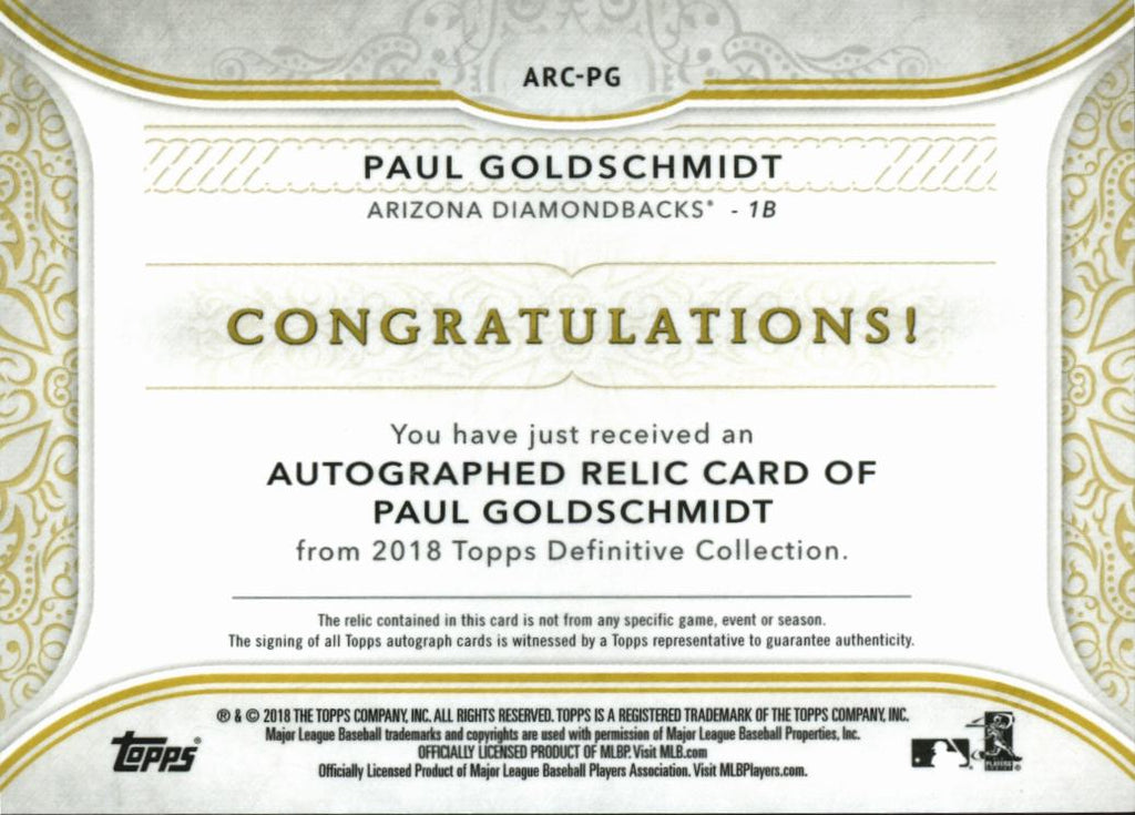 Paul Goldschmidt 2018 Topps Definitive Auto Autograph Patch 22/25 Diamondbacks
