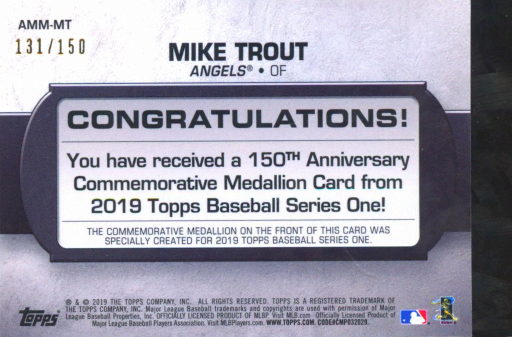 Mike Trout 2019 Topps 150th Anniversary Commemorative Medallion 131/150 Angels