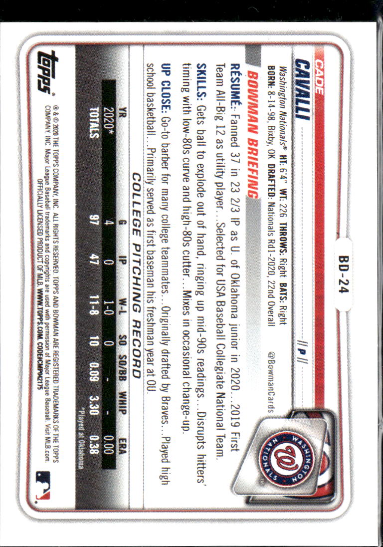 Cade Cavalli 2020 Bowman 1st Green Rookie RC 83/99 Washington Nationals